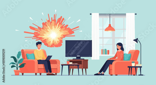 People relaxing at home with a colorful explosion in the background