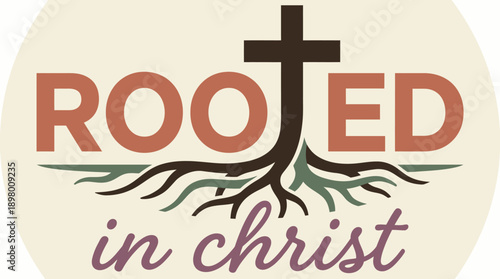 Rooted in Christ Vintage Design: Christian Cross, Tree Roots, and Deep Faith Typography