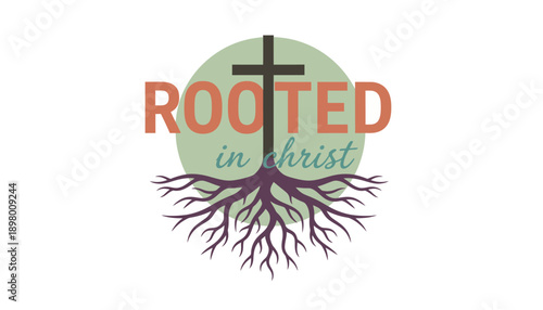 Rooted in Christ Graphic Logo: Christian Faith Symbol, Jesus Cross, and Deep Spiritual Roots Illustration.