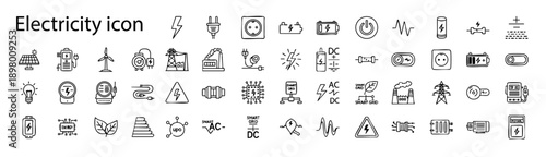 Collection of various electricity icons and symbols isolated on transparent background, Vector