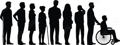 Diverse group of people silhouettes standing in line including elderly person with cane and man in wheelchair flat vector illustration