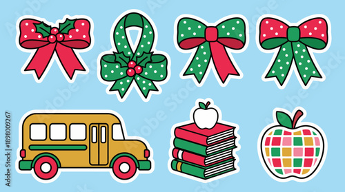 Retro Cartoon Sticker Pack: School Bus, Books, Apples, and Festive Christmas Bows. Education and Holiday Doodle Vector Art Set.