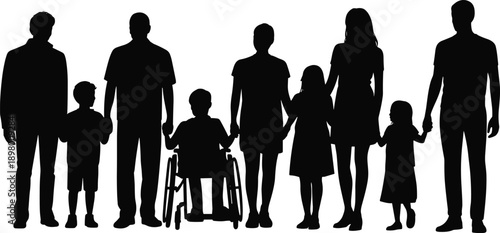 Diverse community group silhouettes including people with disabilities and children standing together for social inclusion unity and equality flat vector illustration