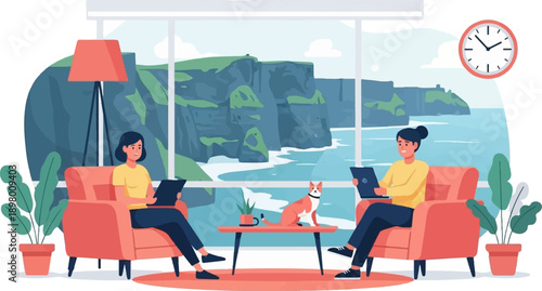 People relaxing at home with a scenic ocean cliff view