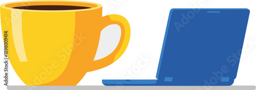 Boost productivity with coffee and a laptop! A vibrant workspace illustration featuring a mug, laptop, and subtle digital elements. Perfect for business and office themes.