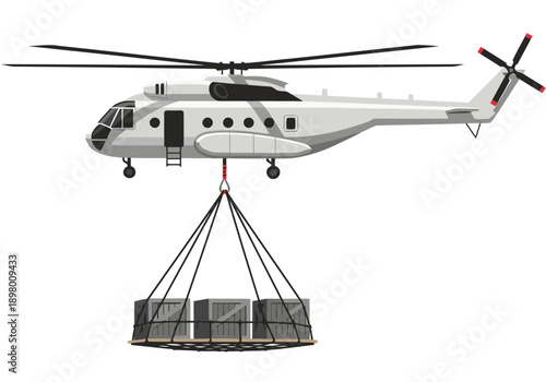 A cargo helicopter lifts a heavy load with a suspended sling. Illustrative graphic, perfect for logistics and transportation themes.