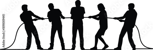 Group of people pulling rope together in tug of war competition silhouette teamwork and strength concept flat vector illustration design