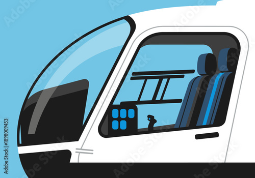 Clean cockpit view of a helicopter pilot's station. Modern design, bright blue accents, and a clear perspective. Ideal for aviation or technology themes.