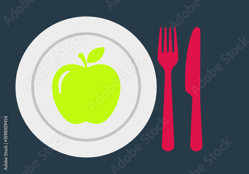 A clean, modern illustration featuring a plate with an apple, fork, and knife.  Promotes healthy eating habits. Bright, appealing design suitable for nutrition and wellness content.