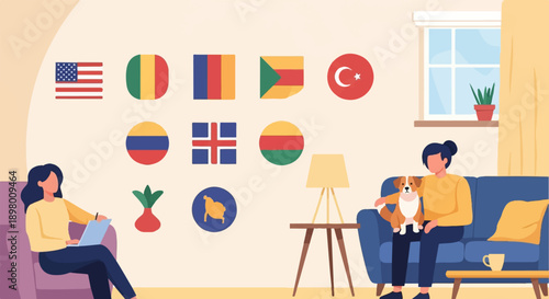 People relaxing at home with flags of different countries and a pet