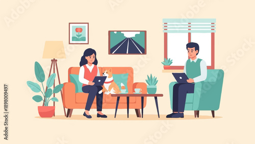 People relaxing at home with pets and laptops