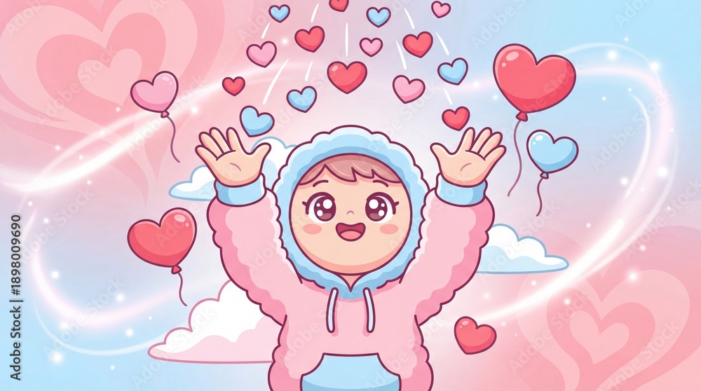 Obraz premium Cute cartoon character in a pink hoodie with arms raised, surrounded by floating hearts and heart balloons in a dreamy pink and blue sky with glowing light trails.