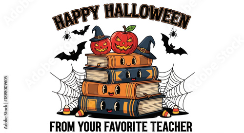 Happy Halloween Teacher Quote with Stack of Cute Cartoon Books, Jack-o'-Lanterns, and Witch Hats Vector Graphic