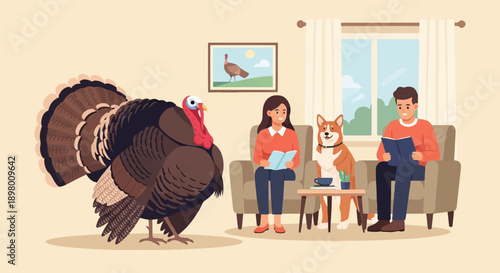 People and dog relax while a turkey stands nearby