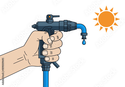 A hand holds a garden sprayer under a sunny sky, illustrating drip system installation. Clear, bright illustration for gardening and irrigation themes.