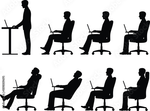 Male office worker silhouettes demonstrating correct sitting and standing posture at desk with laptop for workplace ergonomics flat vector illustration