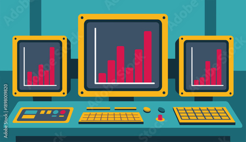 A modern control room displays energy monitoring data on multiple screens. Clean, professional design with a focus on data visualization. Ideal for business and technology themes.