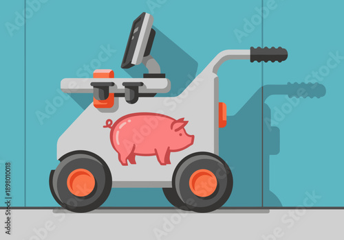 A playful mobile ultrasound farm gear with a pig design. Modern, flat illustration style. Ideal for agricultural or technology concepts.