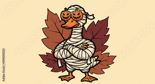 Funny Halloween Mummy Duck Cartoon Illustration. Cute Animal Character with Pumpkin Sunglasses and Autumn Leaves Background.