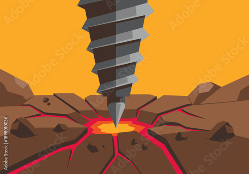 A powerful drilling rig extracts energy from a volcanic fissure. Dramatic landscape and detailed textures showcase geothermal power. Suitable for energy, geology, and industrial themes.