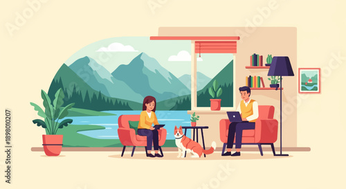 People and dog relaxing indoors with a mountain lake view