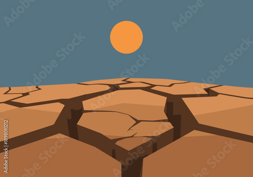 A stark, cracked earth landscape under a blazing sun symbolizes drought and climate change. Dramatic textures and muted colors create a powerful visual statement.