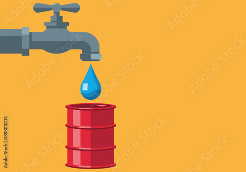 stark image depicting water pollution and conservation A dripping faucet releases a drop into a barrel of oil highlighting the urgent need for water conservation and pollution reduction