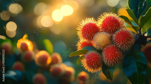 Exotic rambutan fruits glistening under the golden tropical sunset glow