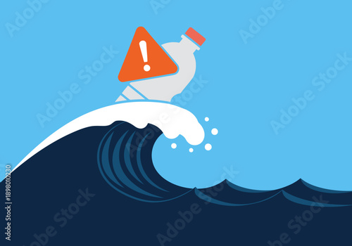 A stark warning: a plastic bottle drifts amidst crashing waves, symbolizing ocean pollution. Bold design, impactful visual. Suitable for environmental campaigns.