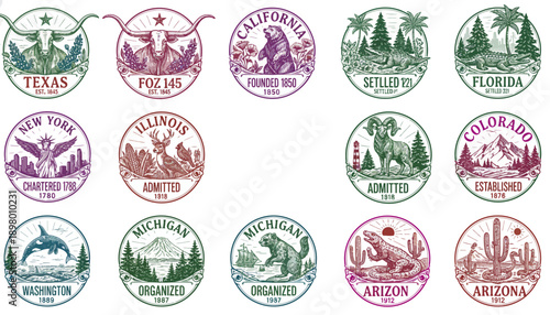 US States Vintage Emblems Set. Engraved American travel badges collection featuring Longhorn, Bear, Alligator, Statue of Liberty, and mountains. Retro vector art.