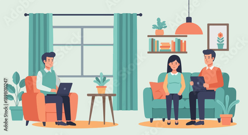 People interacting at home, working on laptops, and relaxing on furniture