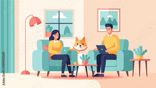 People and dog relaxing indoors with laptops on couches