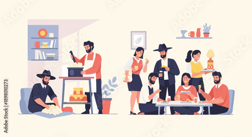 People gather for food preparation and celebration with food and drinks