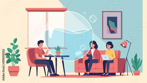 People gather for a meeting in a modern, well-lit room with plants