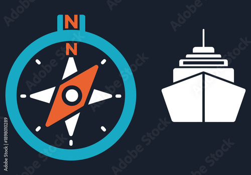 A stylized compass and ship icon guide navigation, symbolizing direction and maritime travel. Modern, clean design for business or travel themes.