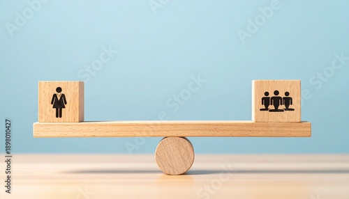 Balanced wooden scale with gender symbols on blue background, representing equality.
