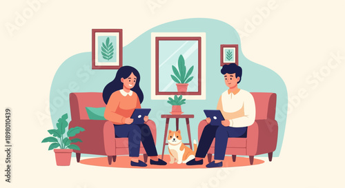 People and dog use tablets in a living room with plants
