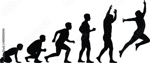 Human evolution of success silhouette showing man crawling walking running and jumping in progress sequence flat vector illustration isolated on white