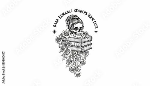 Gothic Dark Romance Readers Book Club Logo. Vintage Engraving Style Illustration of Skull, Books, and Roses for Reading Niche Merchandise.