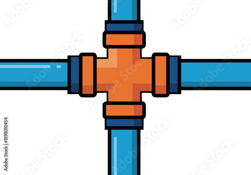 A stylized illustration of an irrigation pipe connector within a water system. Bold colors and a clean, modern design make this graphic ideal for technical or agricultural themes.