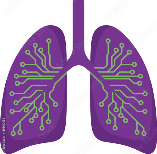 A stylized lung illustration with circuit board details, symbolizing air quality and smart health. Vibrant purple and green colors create a modern, informative design.