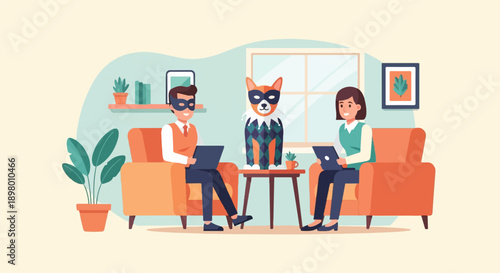 People and dog wearing masks in a cozy room, working on laptops