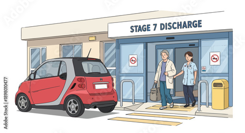 Doctor Discharging Patient from Hospital Building.