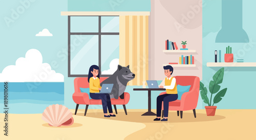 People and dog working on laptops by the ocean with a seashell