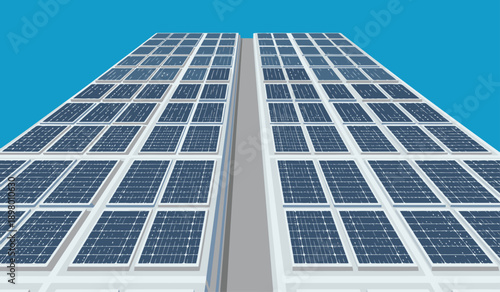 A vast solar deck ship generates clean energy. The image showcases a modern, expansive solar array against a blue sky. Ideal for sustainability and renewable energy concepts.