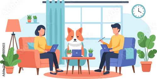 People and dog working on laptops at home, with plants and a clock