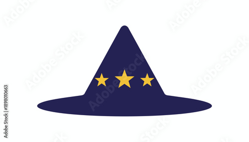 Dark Blue Wizard Hat with Yellow Stars Icon Vector Illustration. Magical Fantasy Sorcerer Costume or Halloween Element.