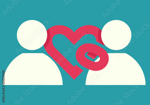 Two stylized figures connected by a vibrant heart symbol, representing social connection and relationship. Clean, modern design with a teal background. Ideal for illustrating networking and community.