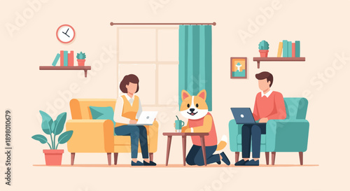People and dog working on laptops in a cozy living room with plants and books