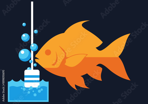 A vibrant illustration depicts a goldfish inhaling an oxygen bubble from a fish tank. Clean lines and bright colors create a playful, modern design suitable for various commercial applications.
